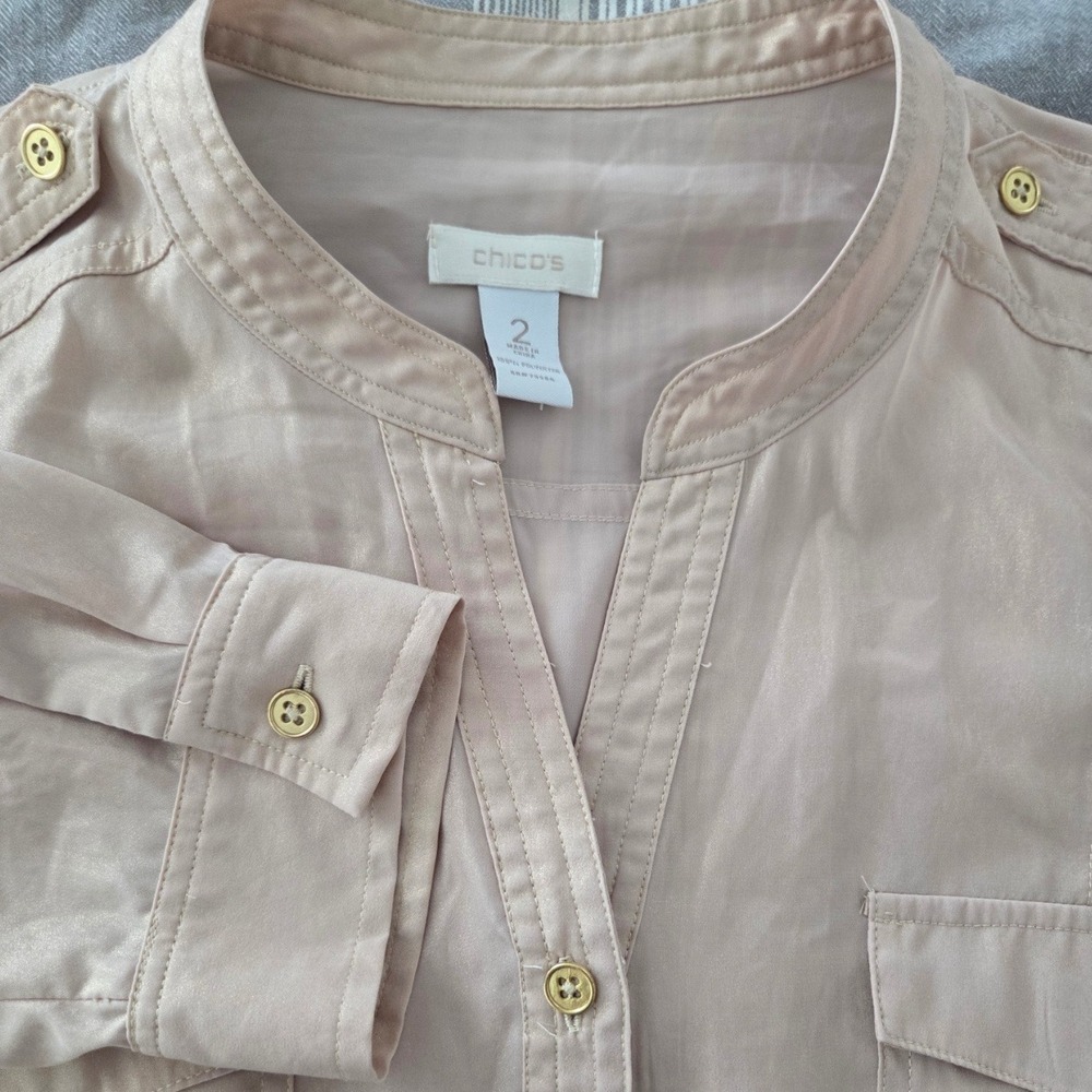 Chicos Gold Shimmer Mandarin Collar Long Sleeve‎ Button Down Camp Shirt Sz 2/L